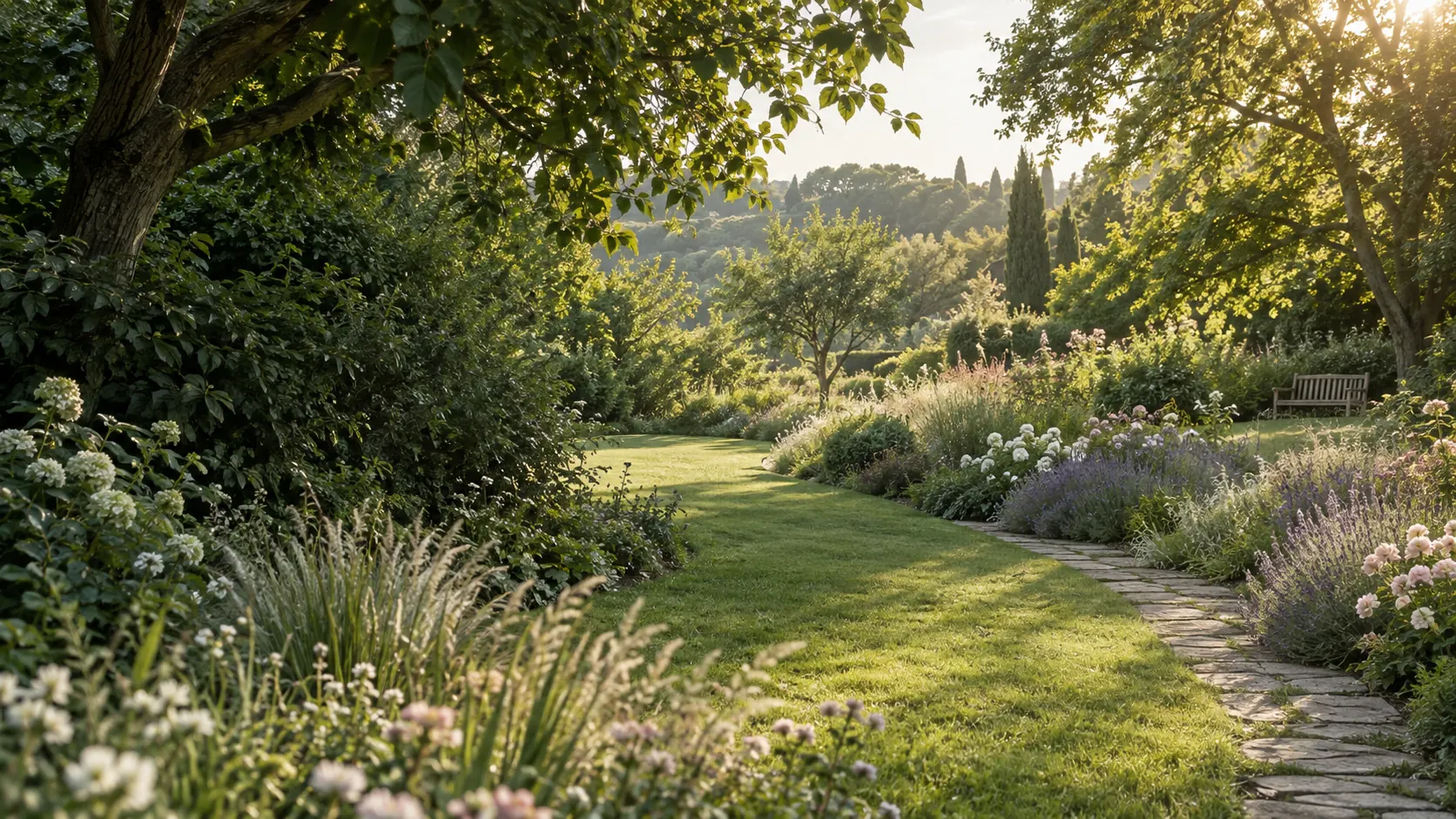 Sonniger Garten mit blühenden Stauden, Gräsern, geschwungenem Steinweg und einer Bank unter Bäumen
