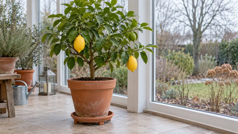 Zitronenbaum mit gelben und grünen Früchten im Terrakottatopf vor einem hellen Wintergartenfenster