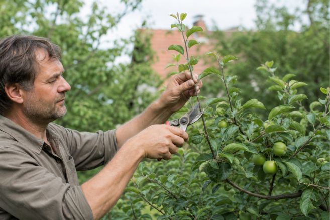 Ein Gärtner entfernt im Juni einen senkrechten Trieb am Apfelbaum [Bildinhalt mit KI erstellt]