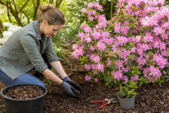 Eine blühende Gartenazalee wird mit saurem Substrat und Rindenmulch gepflegt [Bildinhalt mit KI erstellt]