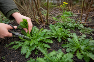 Frische Blätter des Barbarakrauts werden aus einer winterlichen Rosette geerntet