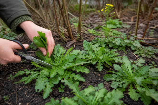 Frische Blätter des Barbarakrauts werden aus einer winterlichen Rosette geerntet [Bildinhalt mit KI erstellt]