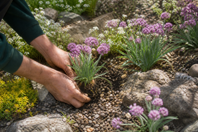 Berglauch mit schmalen Blättern und violetten Blütenköpfen wächst im sonnigen Steingarten [Bildinhalt mit KI erstellt]