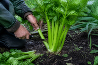 Äußere Stangen werden von einer gesunden Selleriepflanze im Beet abgeschnitten