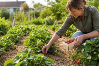 Eine Gärtnerin erntet Erdbeeren aus einem gesunden Beet mit Strohmulch [Bildinhalt mit KI erstellt]