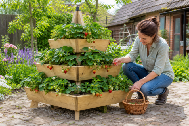 Dreistufige Erdbeerpyramide aus Holz mit reifen Früchten im Garten [Bildinhalt mit KI erstellt]