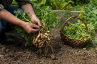 Eine Erdnusspflanze wird mit reifen Hülsen aus dem Gartenboden gehoben [Bildinhalt mit KI erstellt]