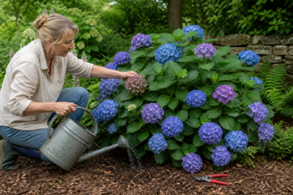 Eine Gärtnerin gießt eine blühende Hortensie im schattigen Gartenbeet [Bildinhalt mit KI erstellt]