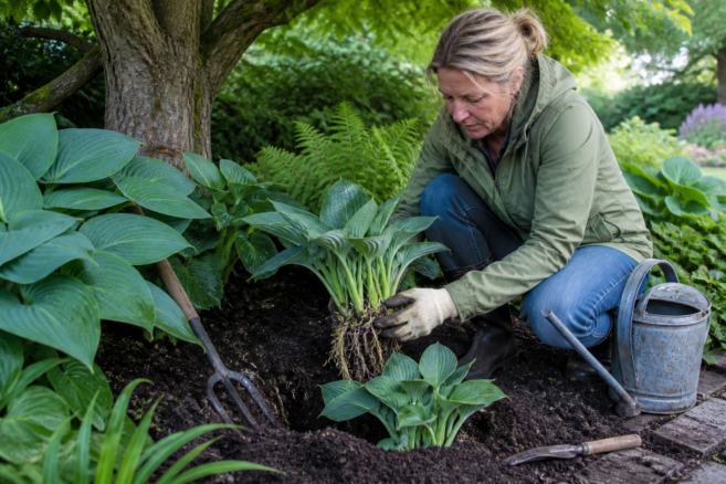 Eine Gärtnerin teilt und verpflanzt eine Funkie im schattigen Gartenbeet [Bildinhalt mit KI erstellt]