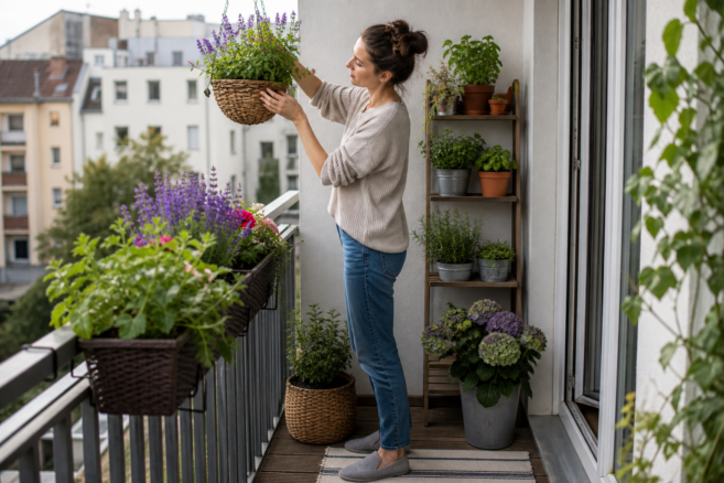 Eine Gärtnerin ordnet Hängekorb, Pflanzkasten und Kräuterregal auf einem kleinen Stadtbalkon [Bildinhalt mit KI erstellt]