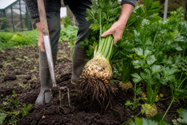 Eine reife Knollensellerieknolle wird aus feuchter Gartenerde gehoben [Bildinhalt mit KI erstellt]