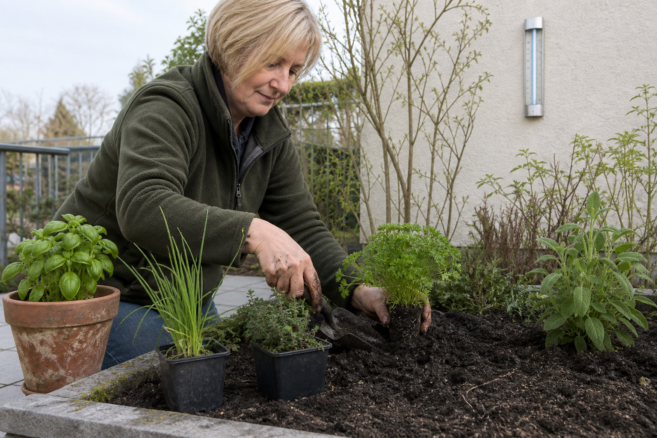 Vorgezogene Kräuter werden nach dem Frost ins Beet gesetzt