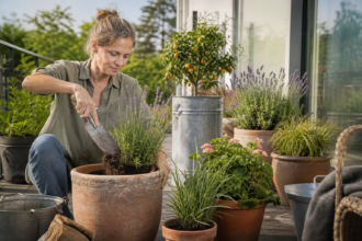 Verschiedene Kübelpflanzen werden auf einer Terrasse fachgerecht eingetopft und arrangiert [Bildinhalt mit KI erstellt]