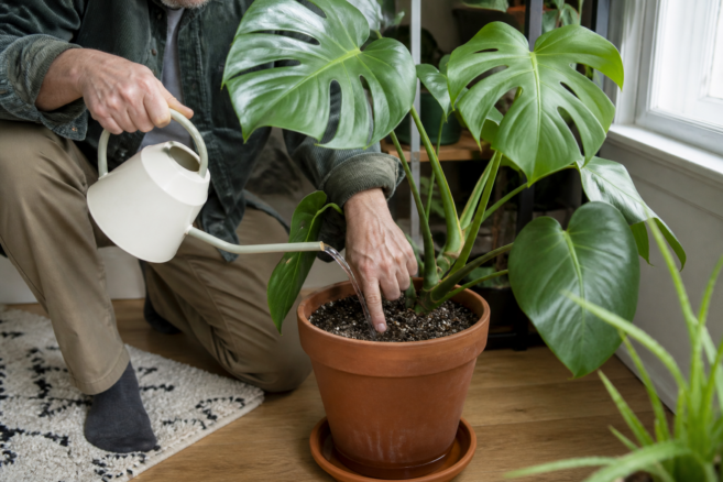 Die Bodenfeuchte einer Monstera wird geprüft und die Pflanze gezielt gegossen [Bildinhalt mit KI erstellt]