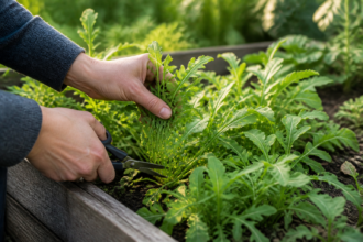Frische Rucolablätter werden in einem Gemüsebeet knapp über dem Boden geerntet