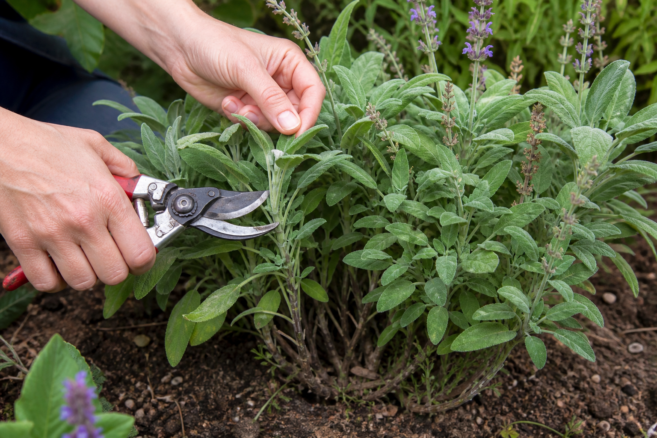 Ein verholzter Salbeistrauch wird nach der Blüte fachgerecht zurückgeschnitten [Bildinhalt mit KI erstellt]