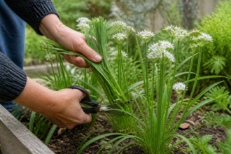 Schnittknoblauch mit weißen Blüten wird knapp über dem Boden geerntet