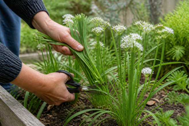 Schnittknoblauch mit weißen Blüten wird knapp über dem Boden geerntet [Bildinhalt mit KI erstellt]