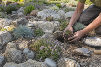 Hauswurz, Sedum und Blauschwingel werden zwischen Natursteinen in mineralisches Substrat gepflanzt [Bildinhalt mit KI erstellt]