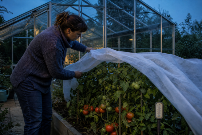 Tomatenpflanzen werden am kühlen Abend mit Gartenvlies geschützt