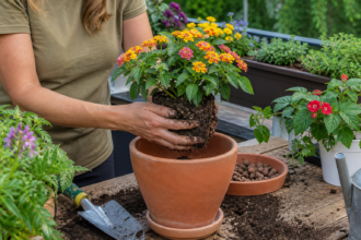 Ein Wandelröschen wird auf dem Balkon in einen Terrakottakübel umgetopft