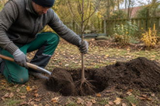 Ein junger wurzelnackter Obstbaum wird im Herbst fachgerecht gepflanzt [Bildinhalt mit KI erstellt]