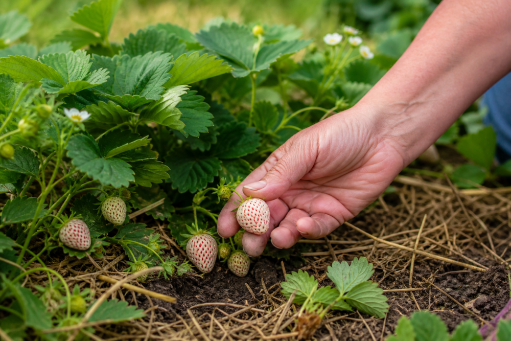 Reife weiße Ananaserdbeeren mit roten Nüsschen werden im Garten kontrolliert
