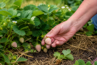 Reife weiße Ananaserdbeeren mit roten Nüsschen werden im Garten kontrolliert [Bildinhalt mit KI erstellt]
