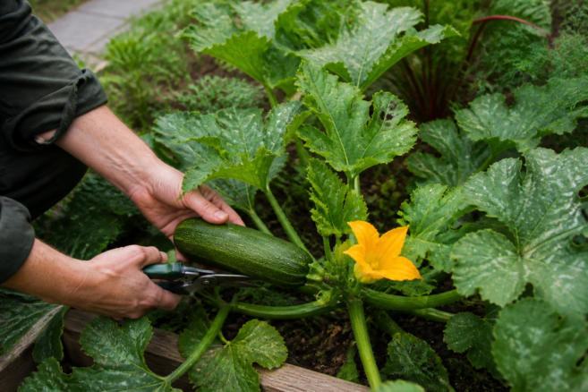 Eine erntereife grüne Zucchini wird vorsichtig von einer gesunden Pflanze abgeschnitten