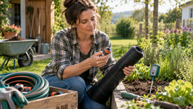 Gärtnerin prüft Schlauchverbinder und Gartenvlies neben einem Beet