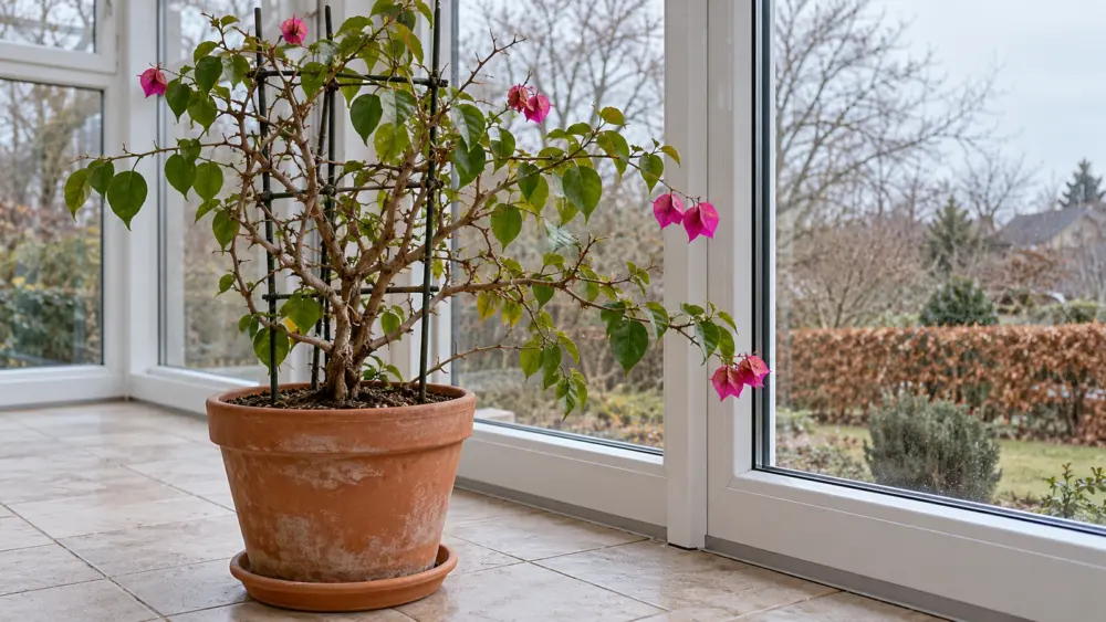 Bougainvillea im Terrakottatopf mit Rankhilfe und wenigen magentafarbenen Hochblättern am hellen Fenster im Winterquartier