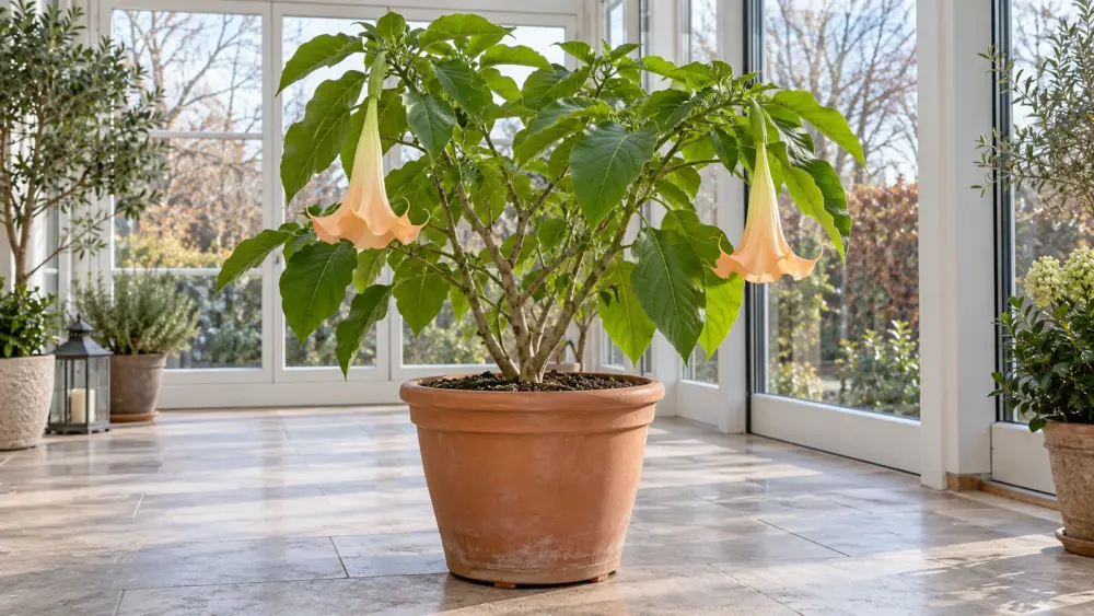 Engelstrompete mit hängenden apricotfarbenen Blüten im Kübel in einem hellen Winterquartier