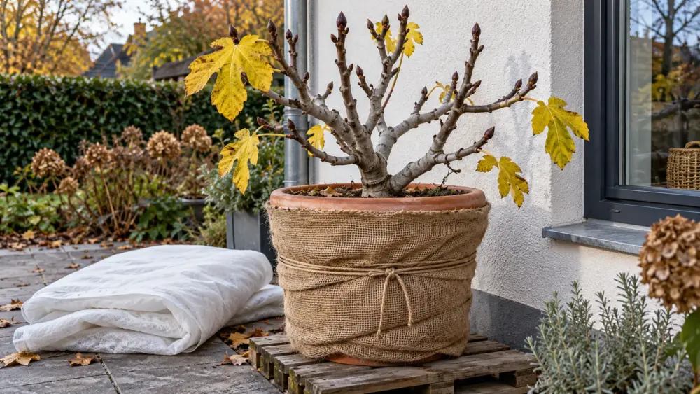 Feigenbaum mit gelben gelappten Blättern im mit Jute geschützten Kübel an einer Hauswand