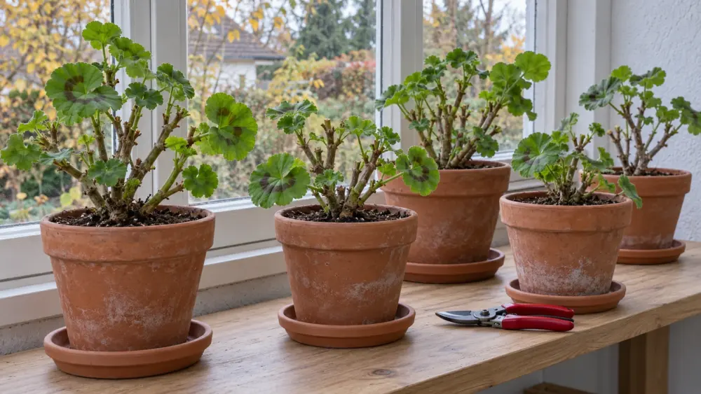 Zurückgeschnittene Zonal-Pelargonien in Töpfen an einem hellen Fenster im Winterquartier