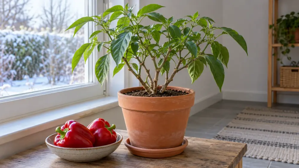 Paprikapflanze mit kräftigen Trieben im Topf am hellen Winterfenster, daneben zwei geerntete rote Gemüsepaprika
