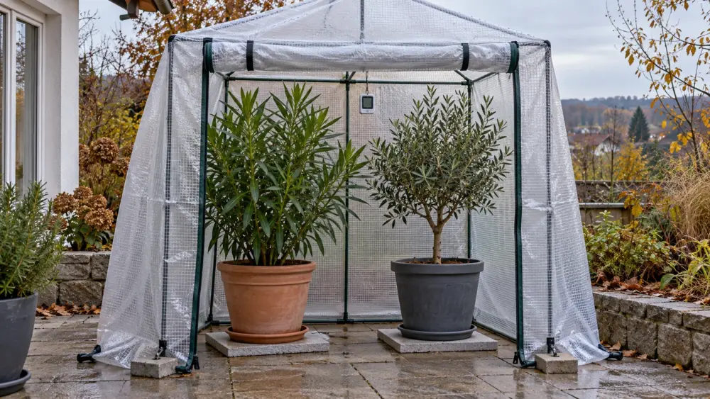 Belüftetes Überwinterungszelt mit Oleander und Olivenbaum in Kübeln auf einer Terrasse